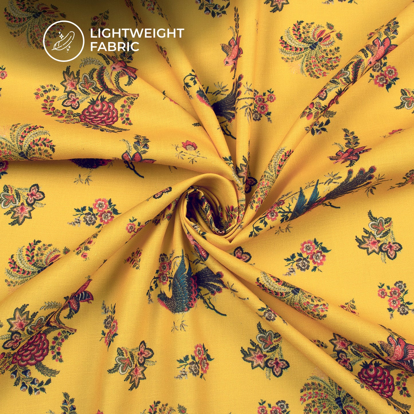 Mustard Yellow Floral,Bird Digital Print Poly Linen Slub Fabric