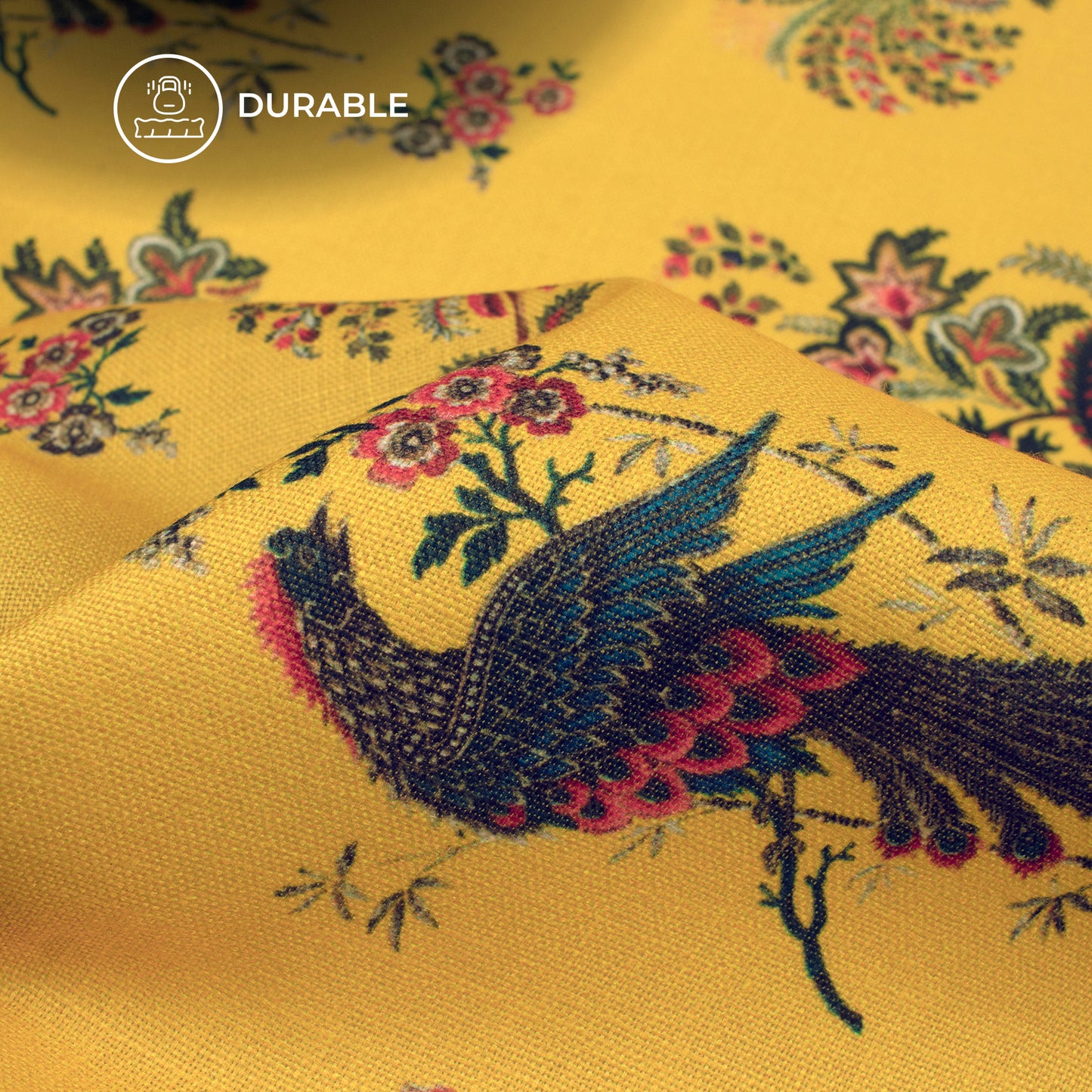Mustard Yellow Floral,Bird Digital Print Poly Linen Slub Fabric