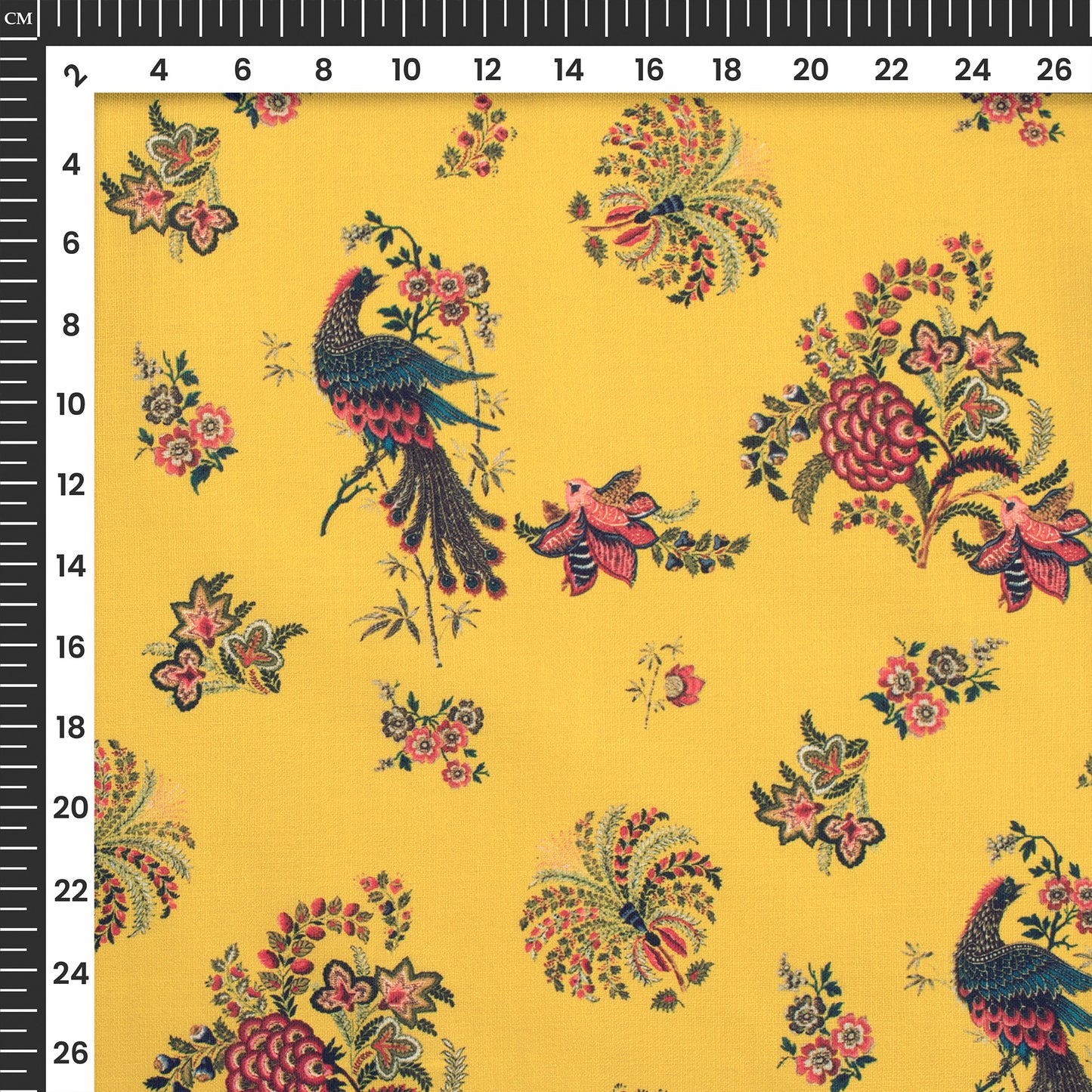 Mustard Yellow Floral,Bird Digital Print Poly Linen Slub Fabric