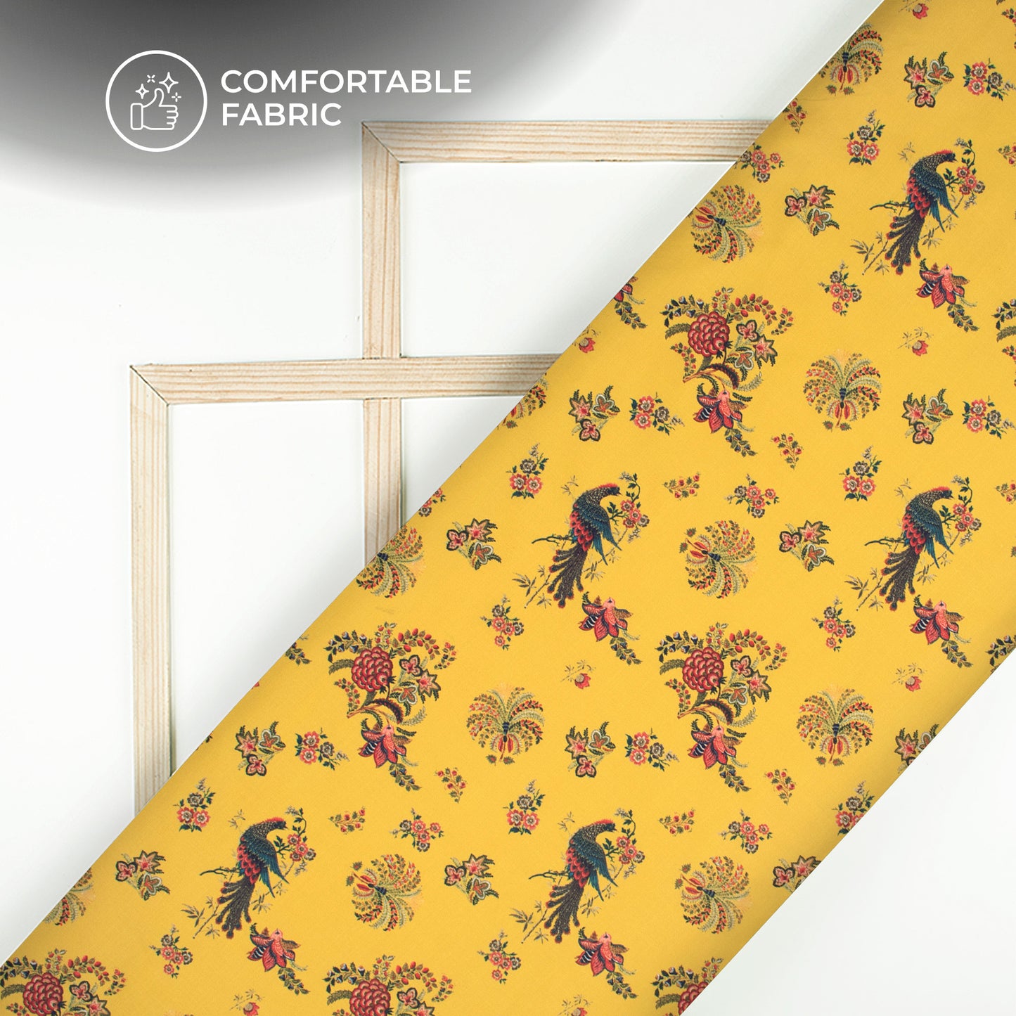 Mustard Yellow Floral,Bird Digital Print Poly Linen Slub Fabric
