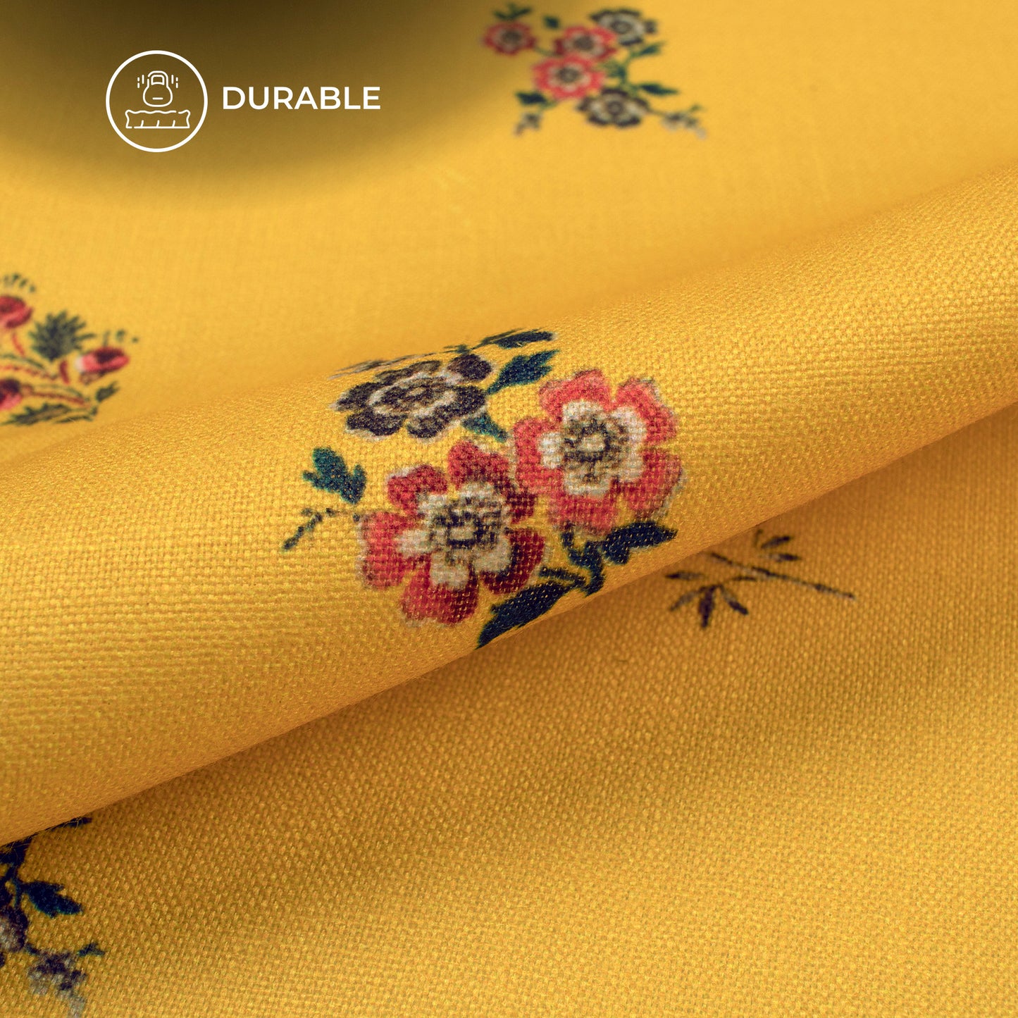 Mustard Yellow Floral Digital Print Poly Linen Slub Fabric
