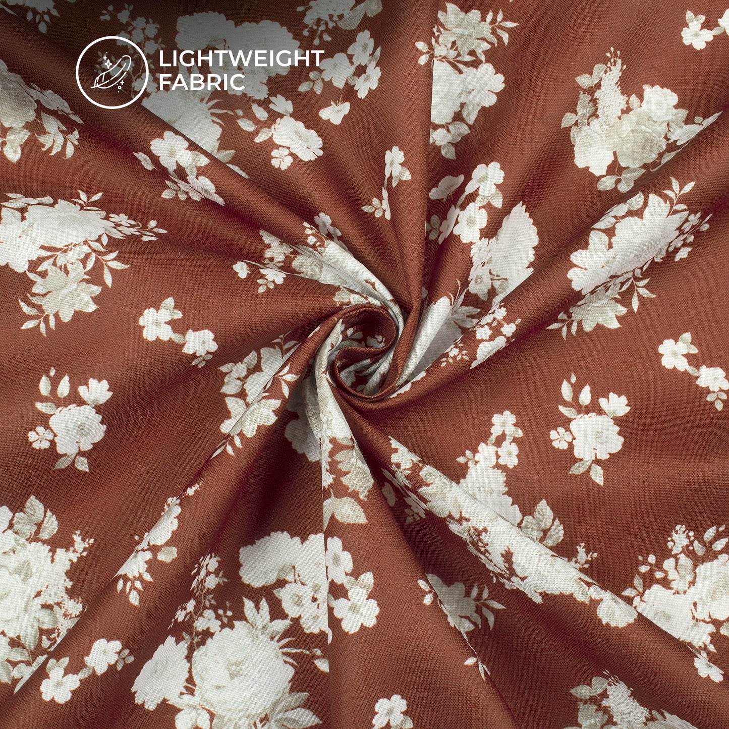 Burnt Umber Brown Floral Digital Print Poly Linen Slub Fabric