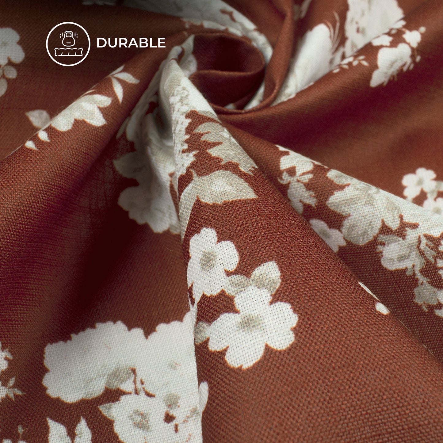Burnt Umber Brown Floral Digital Print Poly Linen Slub Fabric