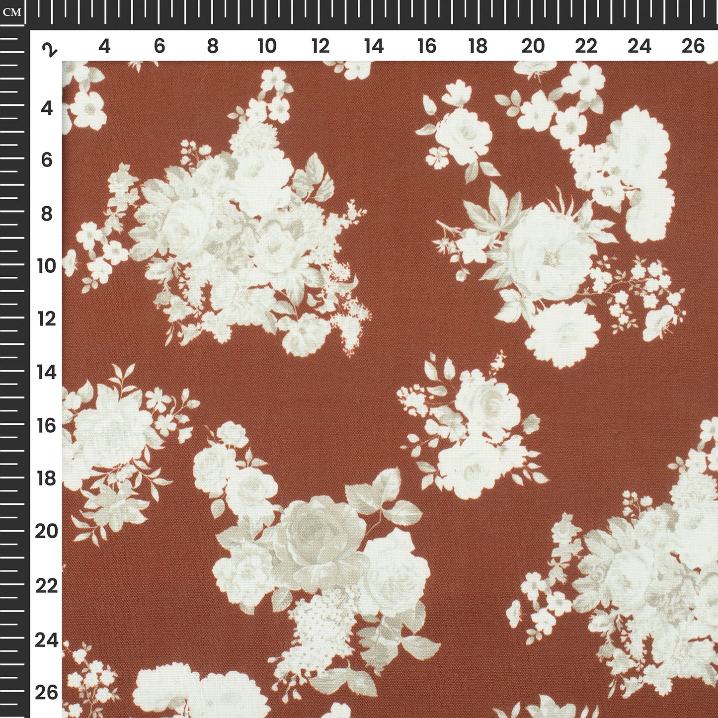 Burnt Umber Brown Floral Digital Print Poly Linen Slub Fabric