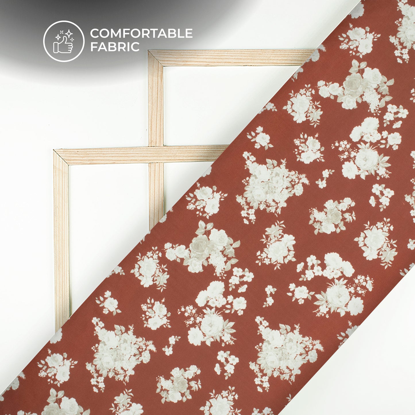 Burnt Umber Brown Floral Digital Print Poly Linen Slub Fabric
