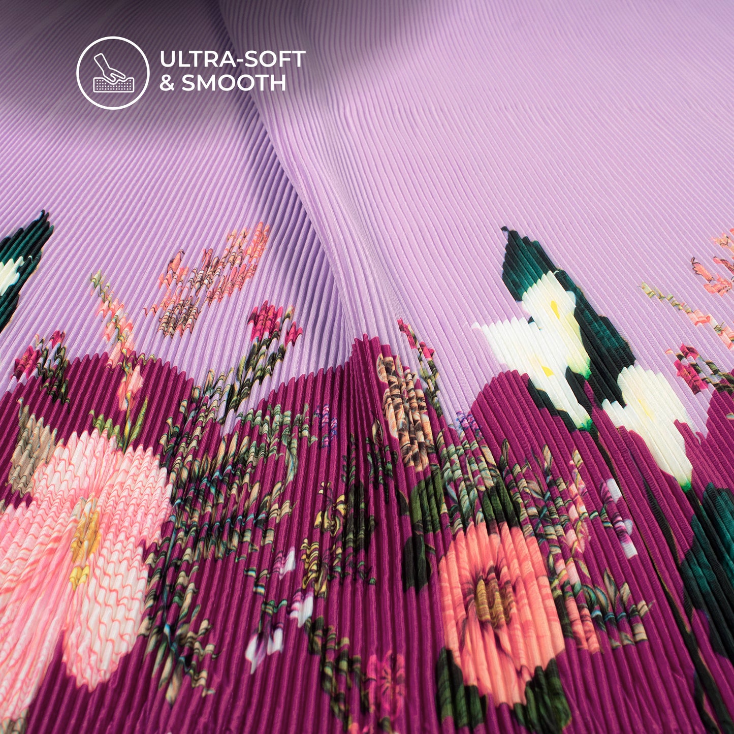 Lavender Purple Floral Digital Print French Crepe Pleated Fabric