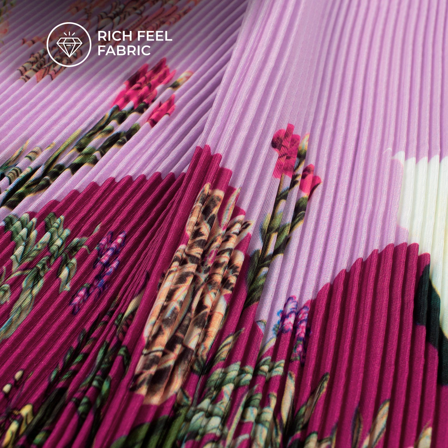 Lavender Purple Floral Digital Print French Crepe Pleated Fabric