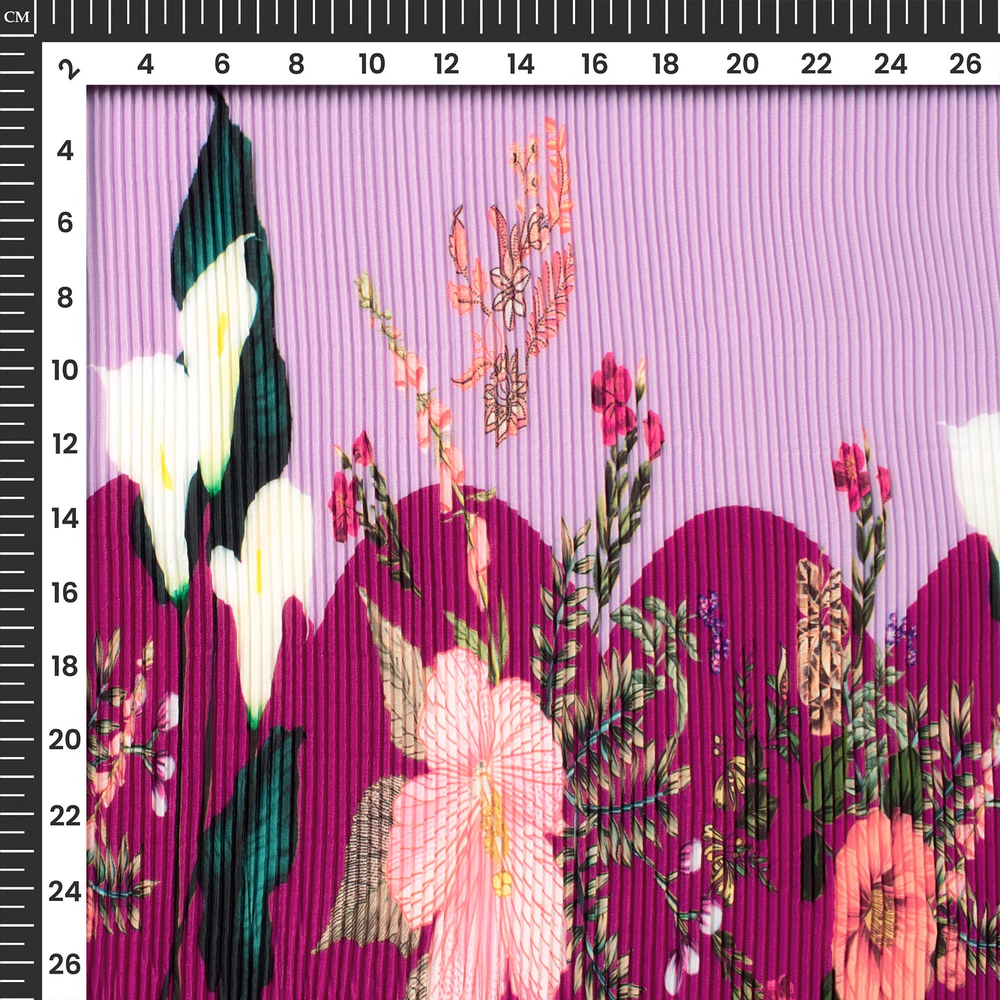 Lavender Purple Floral Digital Print French Crepe Pleated Fabric