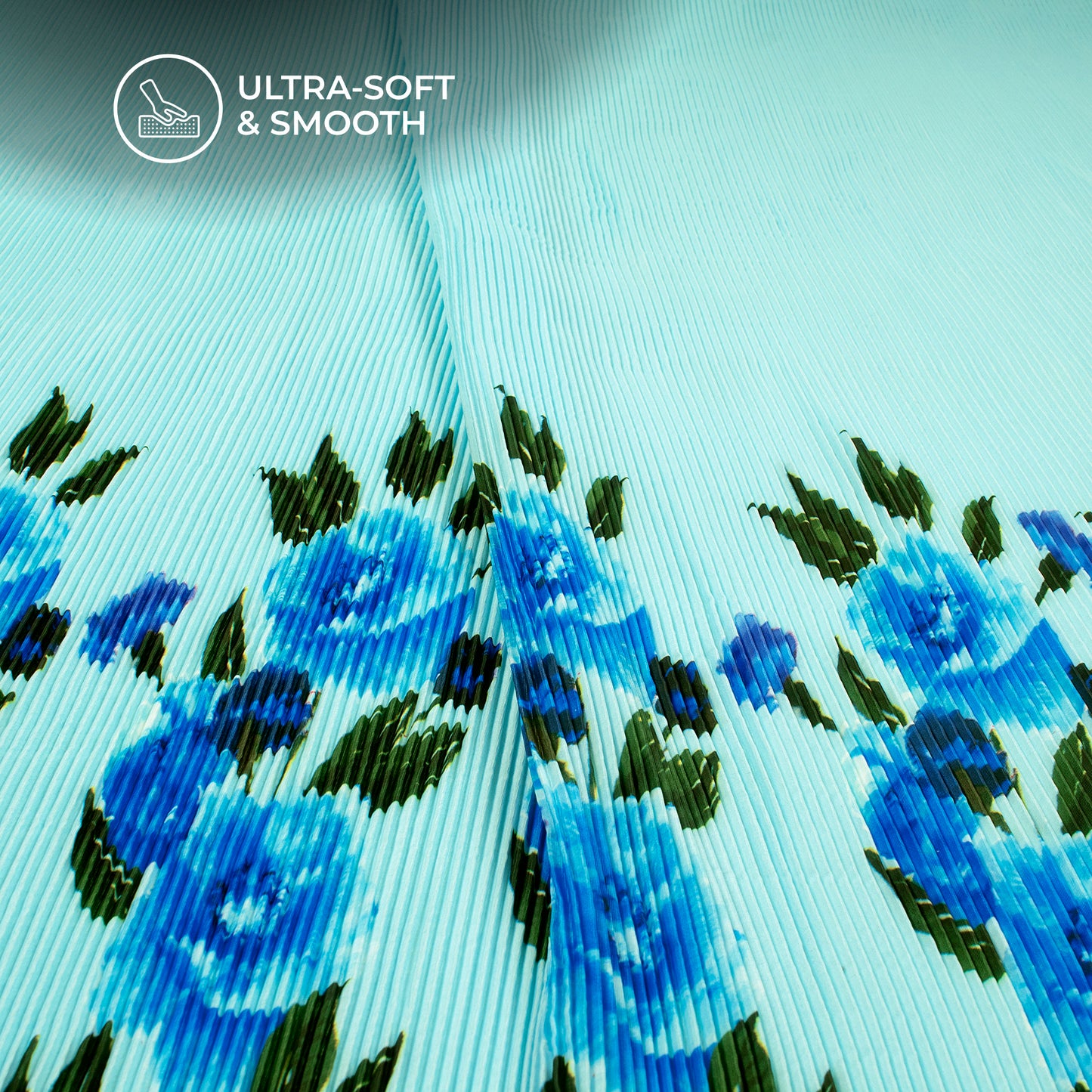Sky Blue Floral Digital Print French Crepe Pleated Fabric