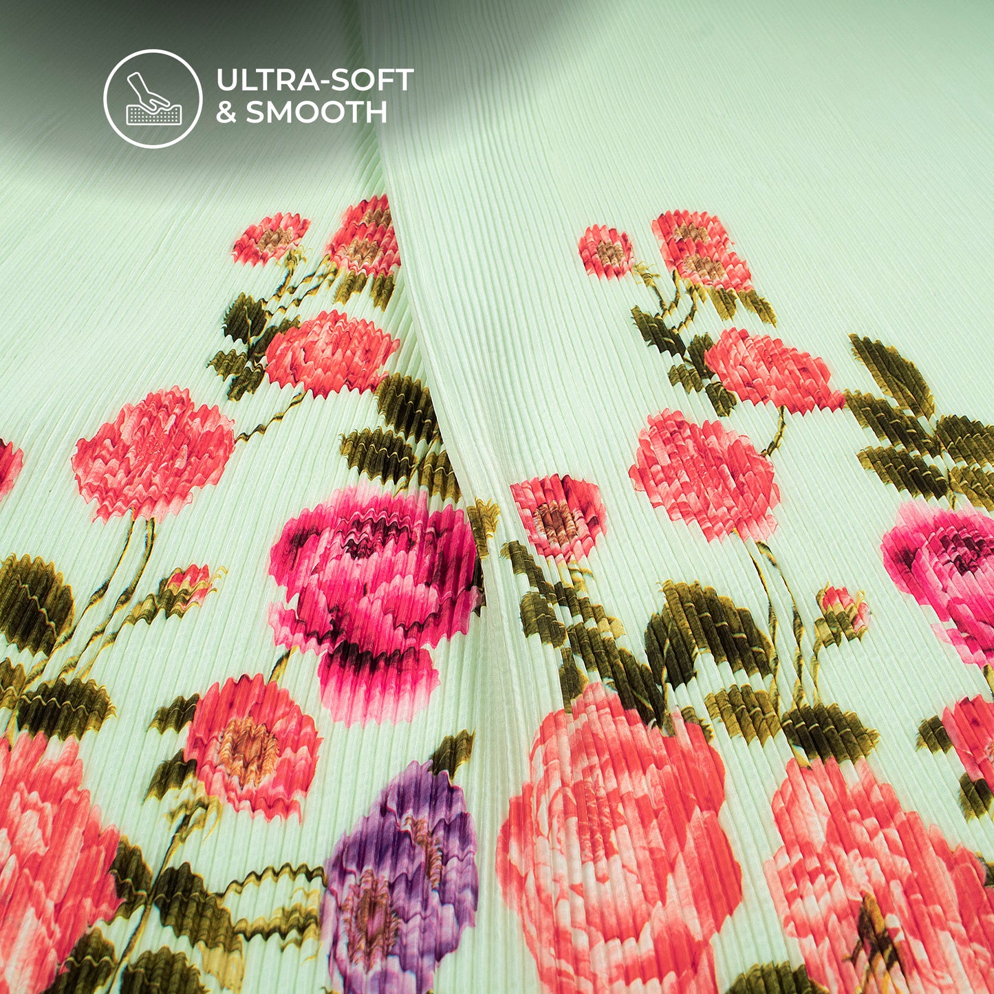 Cream Floral Digital Print French Crepe Pleated Fabric