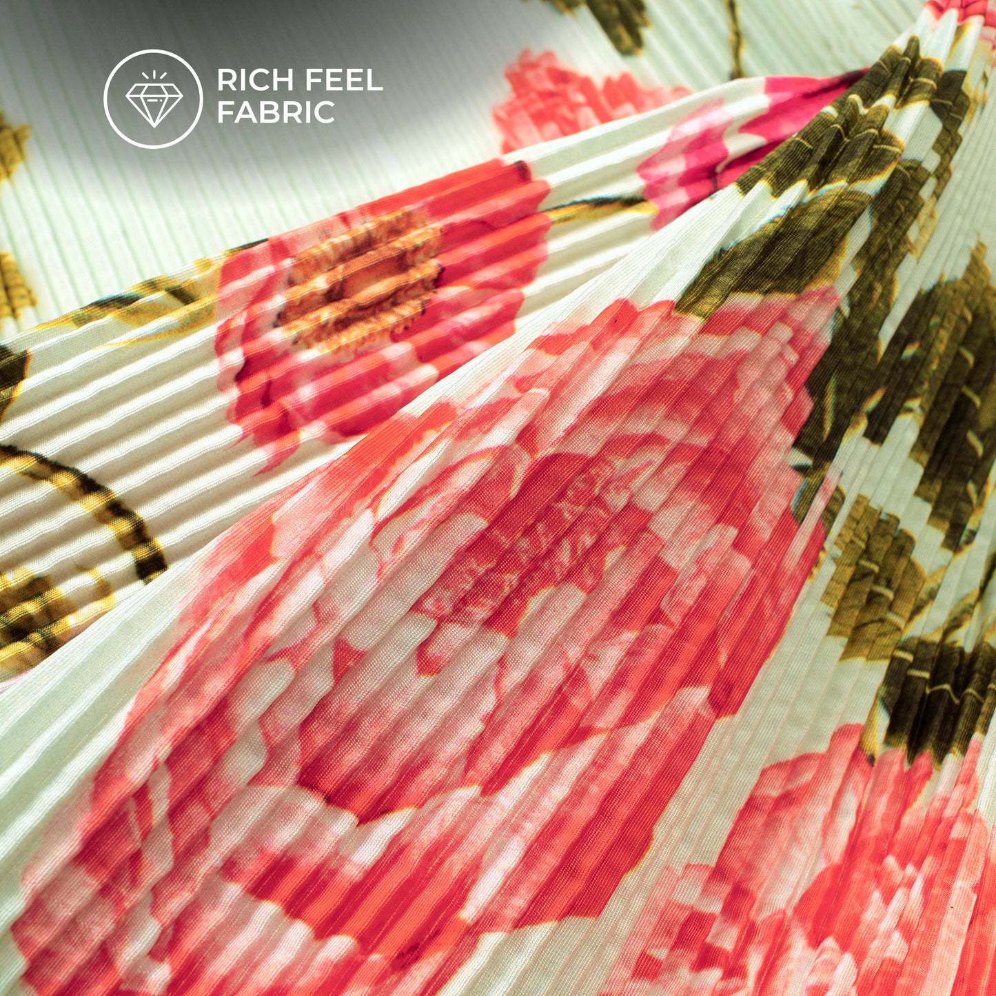Cream Floral Digital Print French Crepe Pleated Fabric