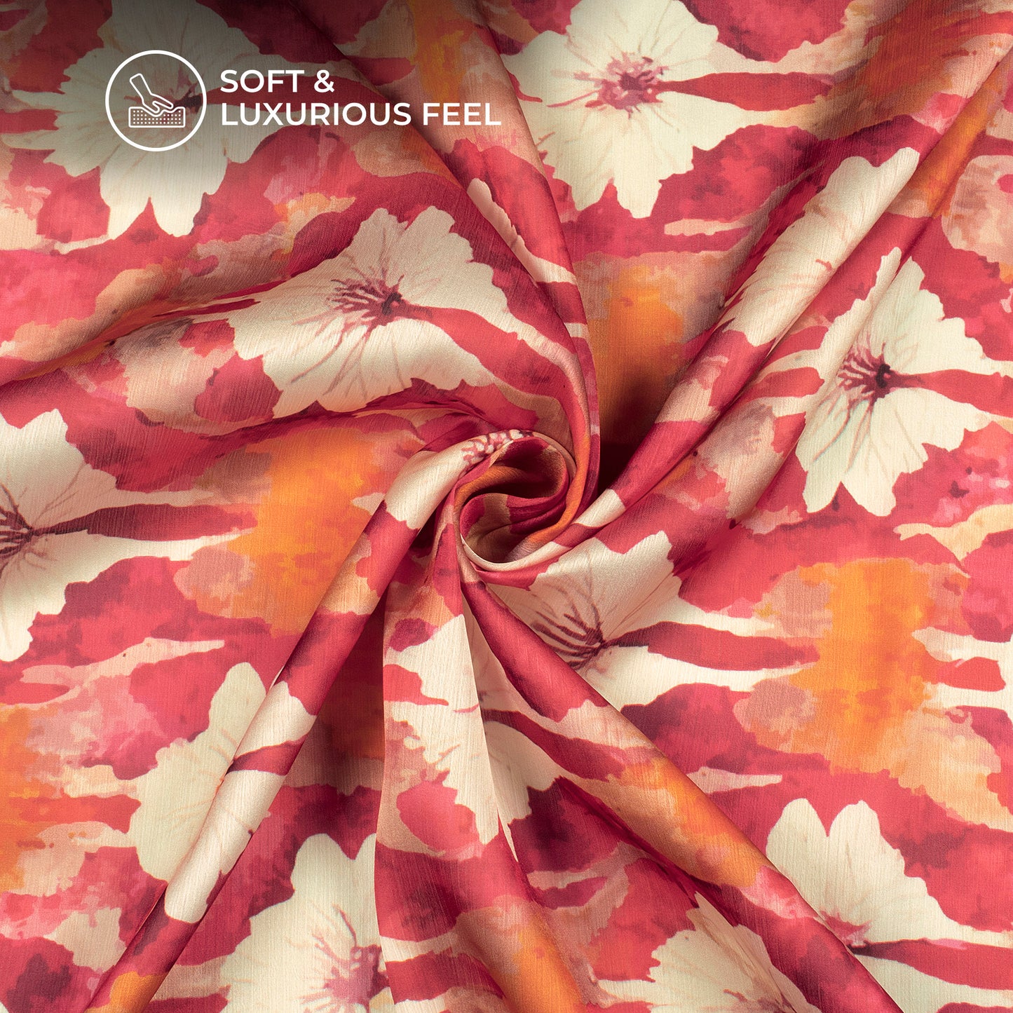 Cherry Red Floral Digital Print Chiffon Satin Fabric