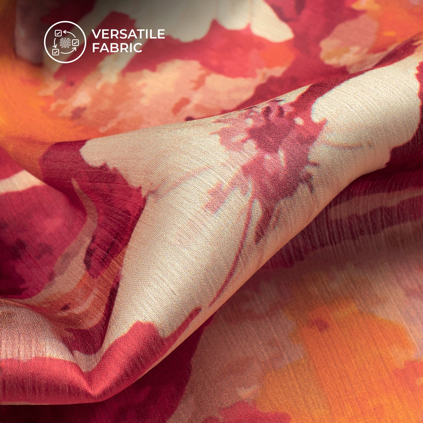 Cherry Red Floral Digital Print Chiffon Satin Fabric
