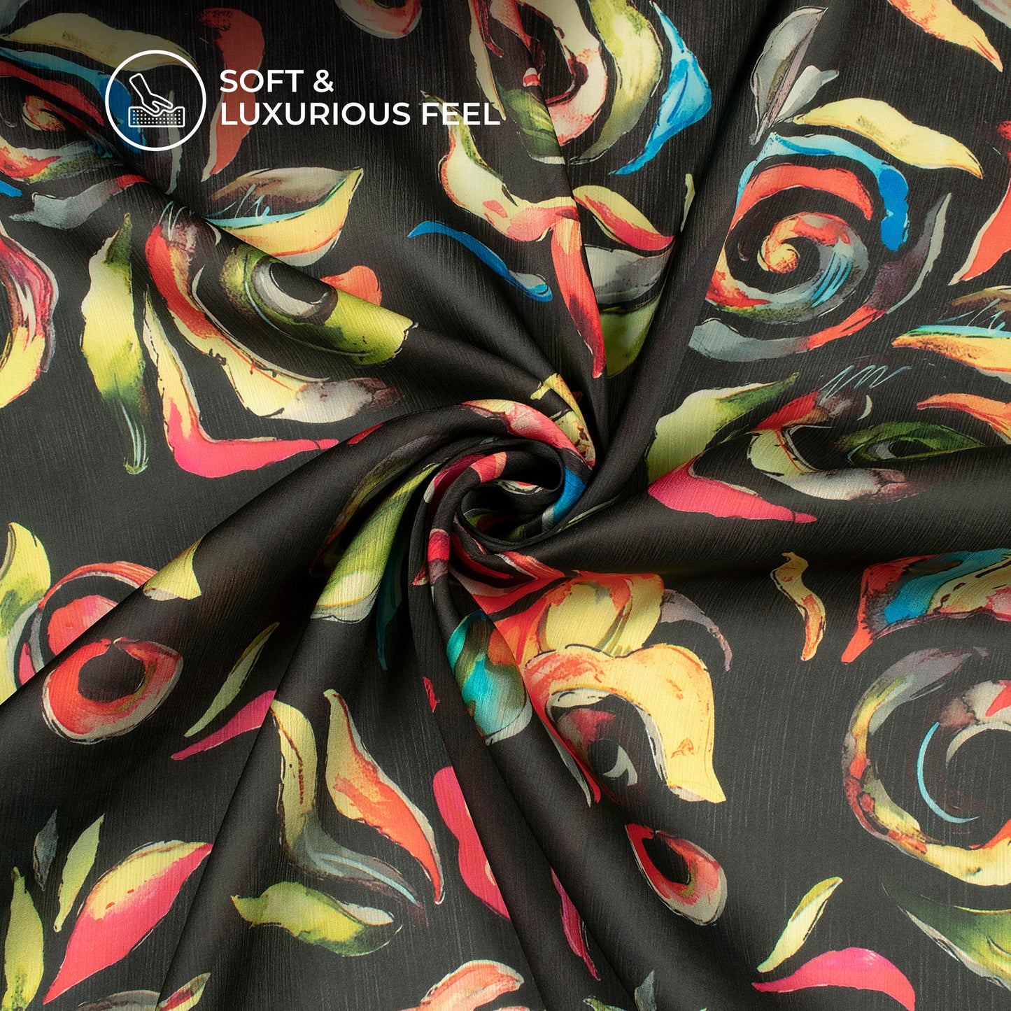 Black Floral Digital Print Chiffon Satin Fabric