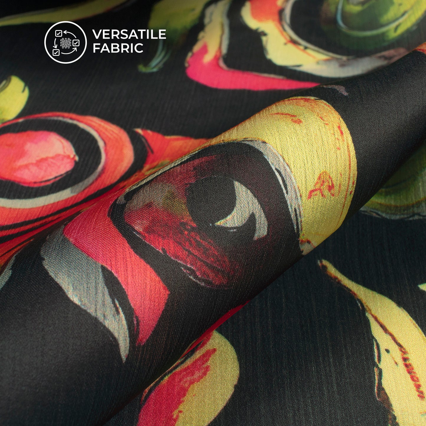 Black Floral Digital Print Chiffon Satin Fabric