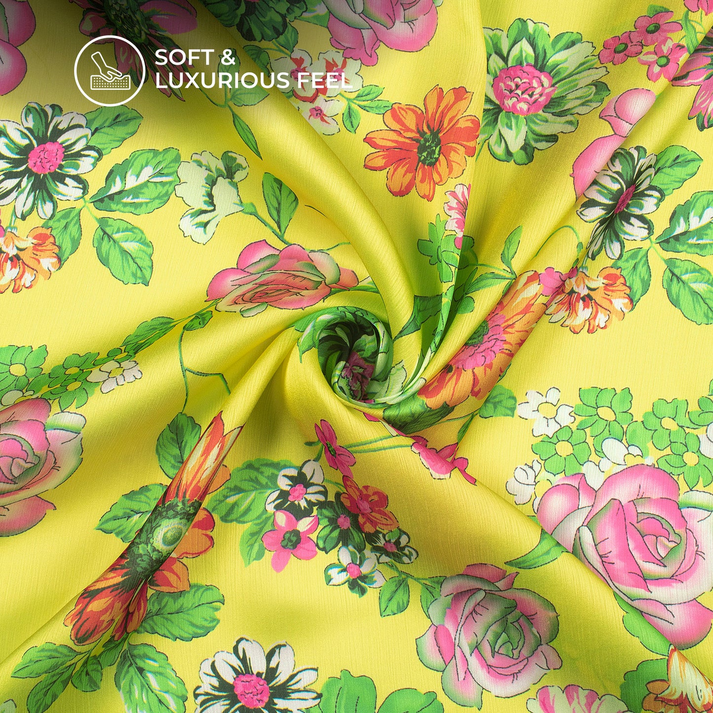 Lemon Yellow Floral Digital Print Chiffon Satin Fabric