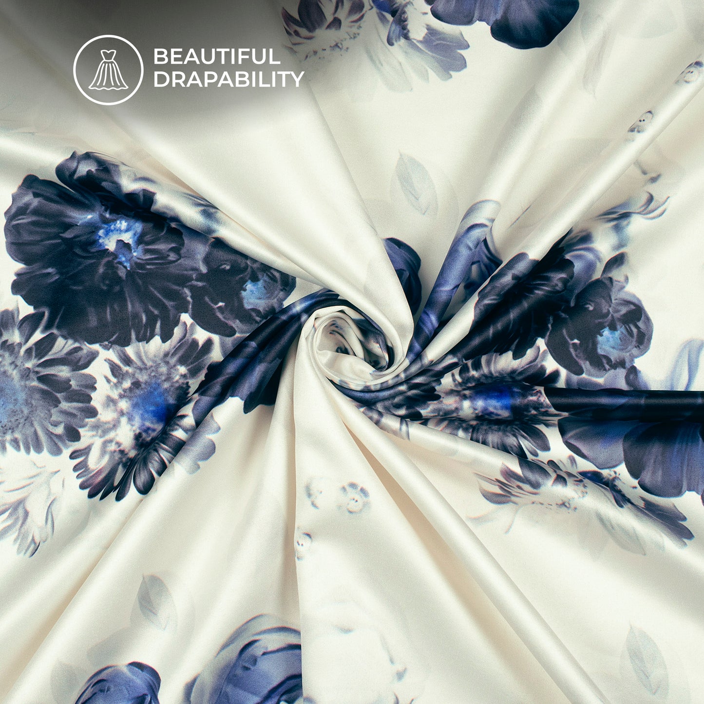 Cream Floral Digital Print Charmeuse Satin Fabric (Width 58 Inches)