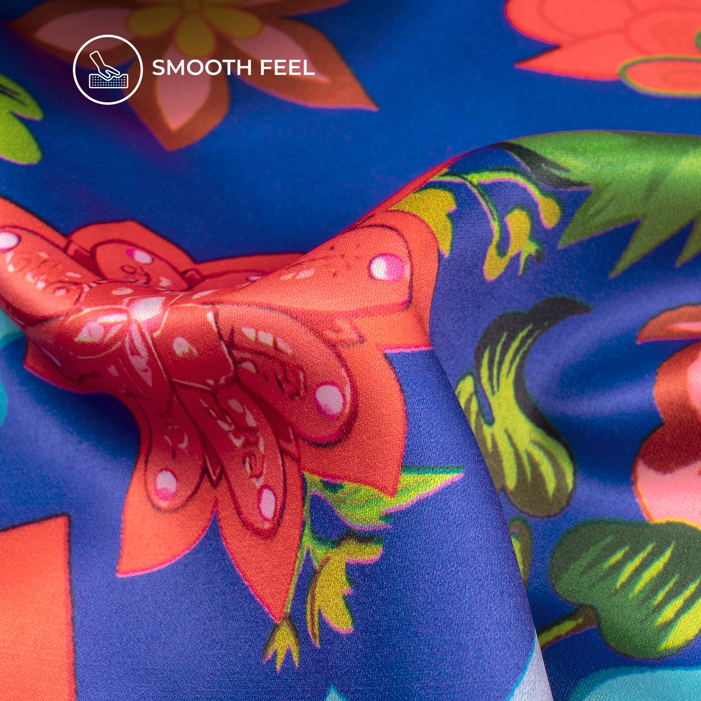Royal Blue Floral Digital Print Charmeuse Satin Fabric (Width 58 Inches)