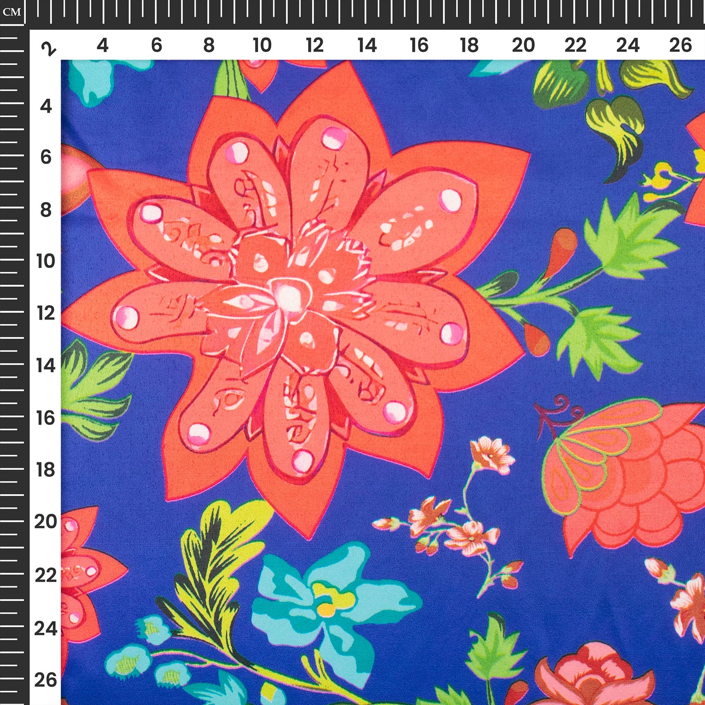 Royal Blue Floral Digital Print Charmeuse Satin Fabric (Width 58 Inches)