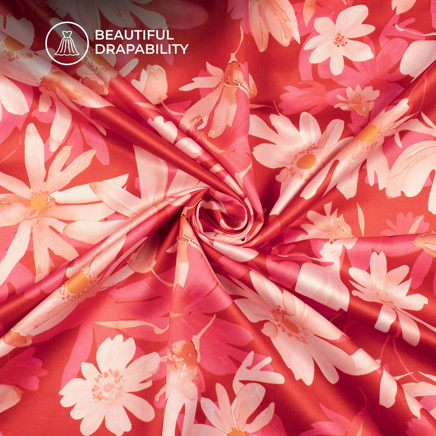 Red Abstract Floral Digital Print Charmeuse Satin Fabric (Width 58 Inches)