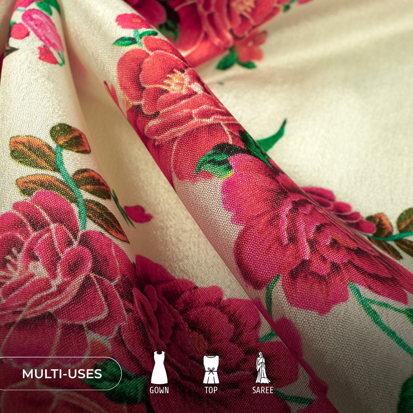 Cream And Red Floral Digital Print Poly Chinnon Chifon Fabric