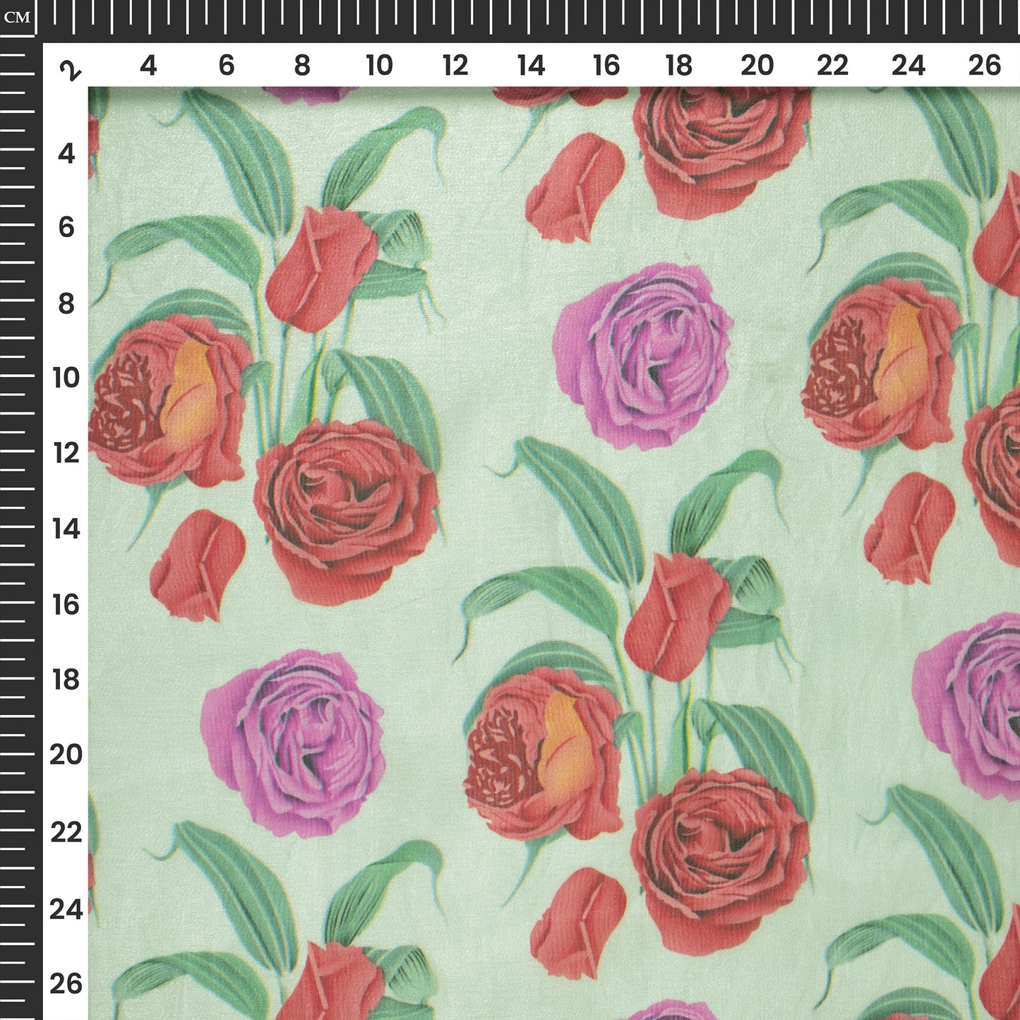 Illustrations Of Roses And Leave On Pale Green Background Digital Print Shimmer Tissue Fabric