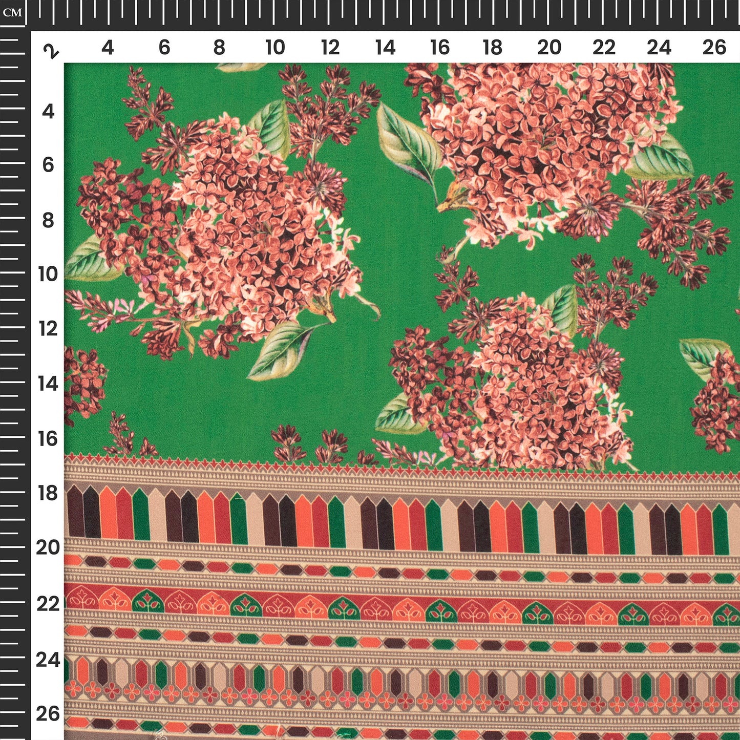 Red Pinkish Lilac Flowers With Solid Green Background Digital Print Muslin Fabric