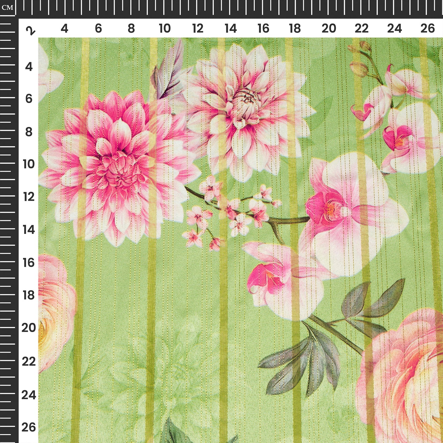 Mint Green Bloosom Floral Digital Print Golden Lurex Satin Fabric