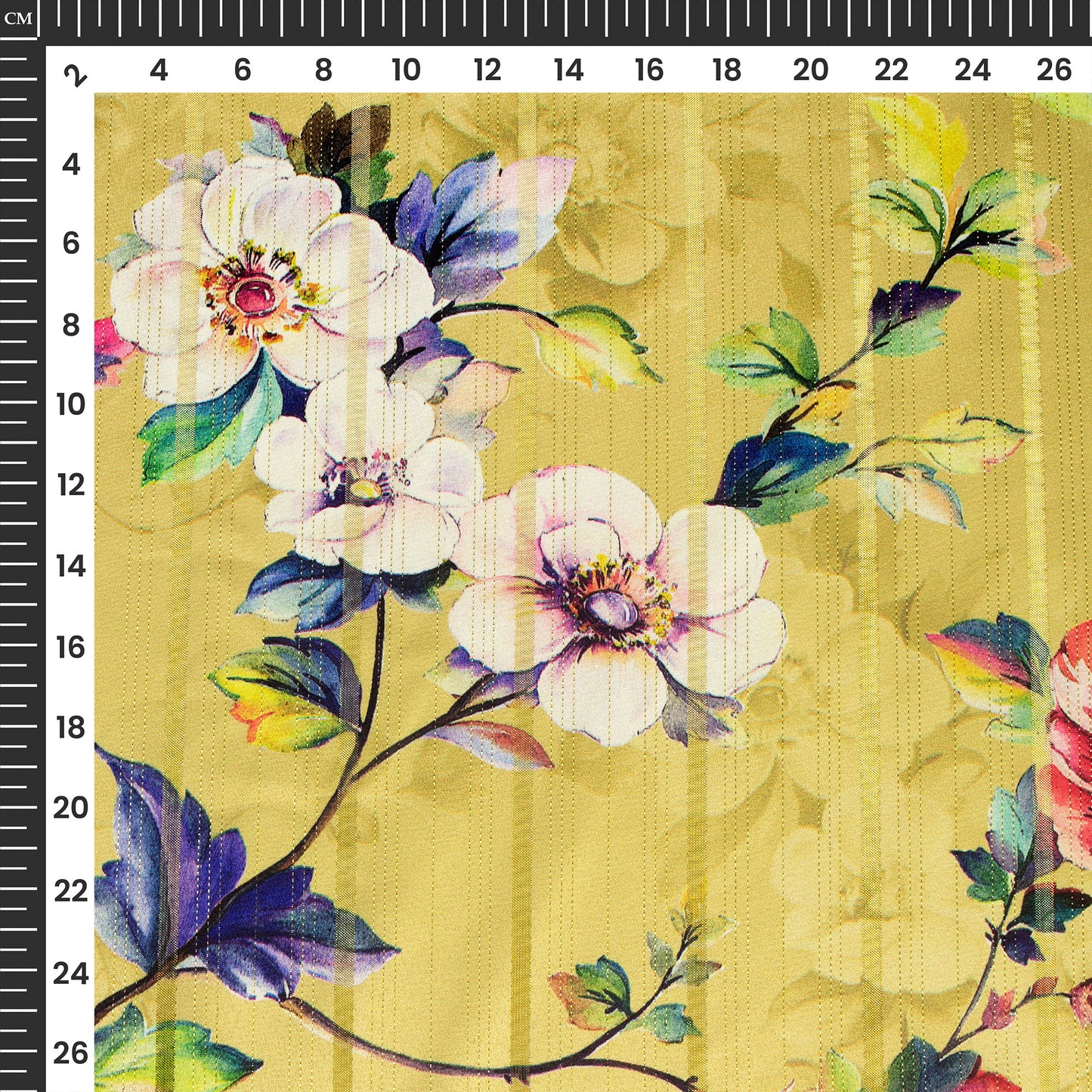 Yellow Beautiful Rose Floral Digital Print Golden Lurex Satin Fabric
