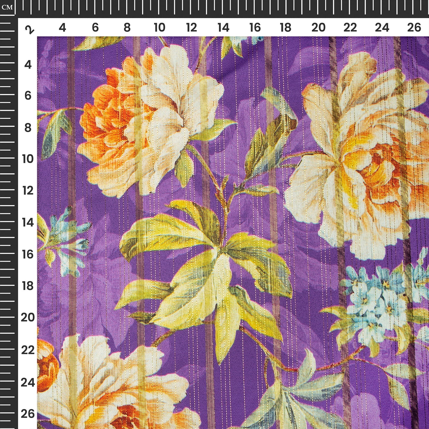 Vintage Purple Floral Digital Print Golden Lurex Satin Fabric