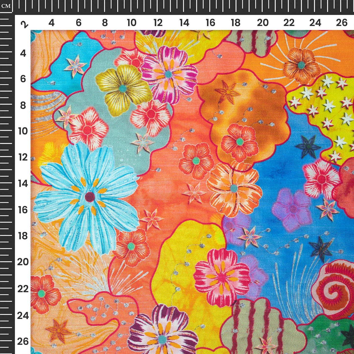 Vibrant Funky Floral Digital Print Bemberg Raw Silk Fabric