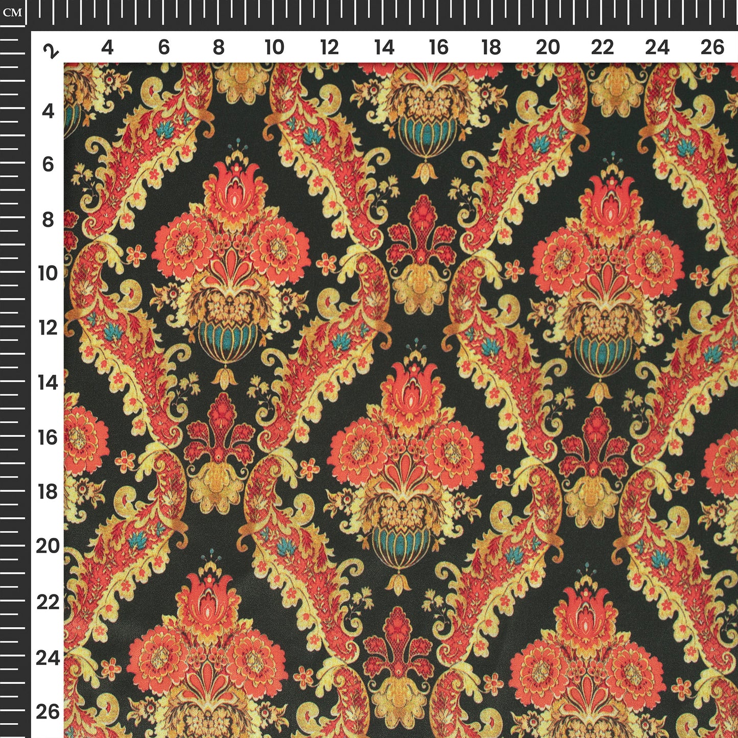 Golden And Chilli Red Paisley Digital Print Crepe Silk fabric
