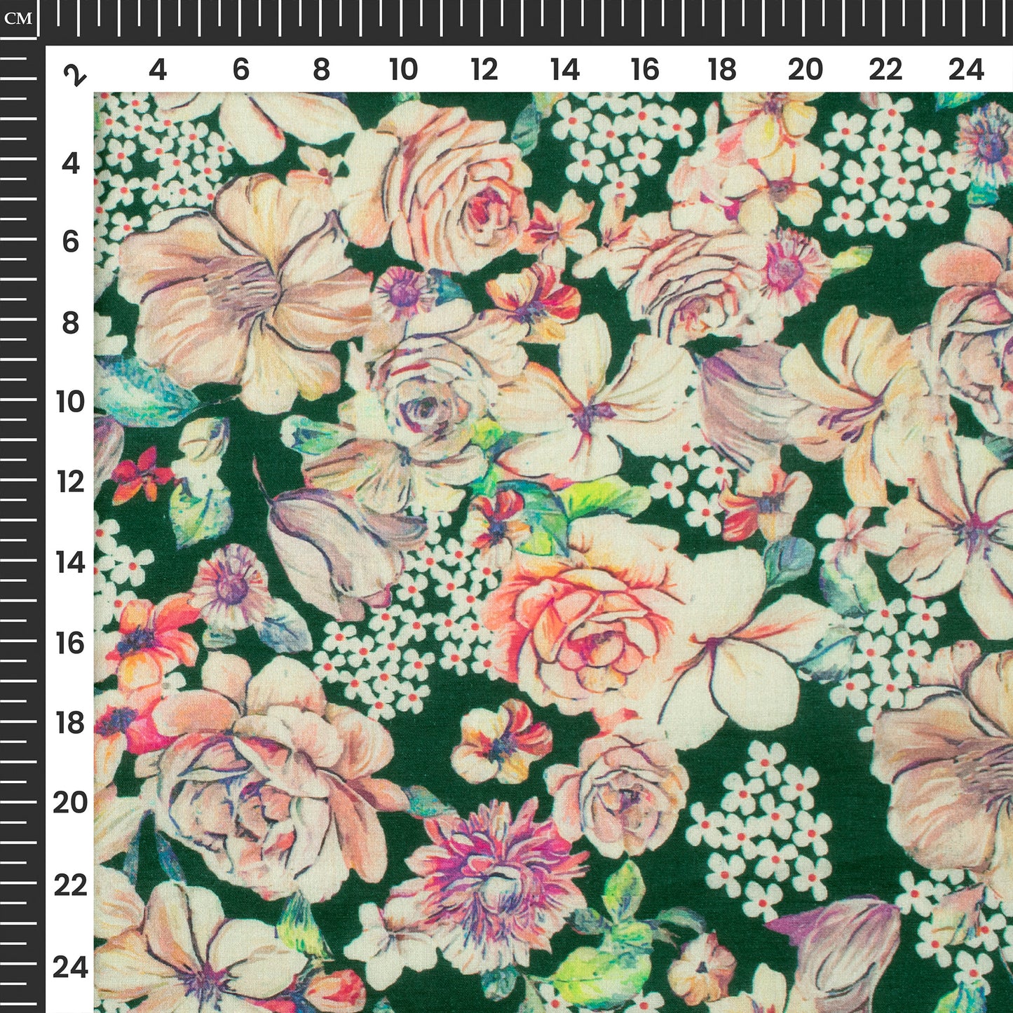 Multi Flowers On Forest Green Digital Print Cotton Cambric Fabric