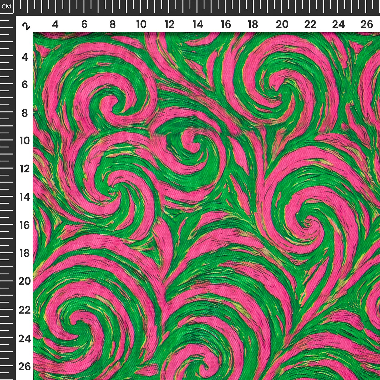 Magenta Pink And Forest Green Warp Abstract Digital Print Poly Linen Slub Fabric