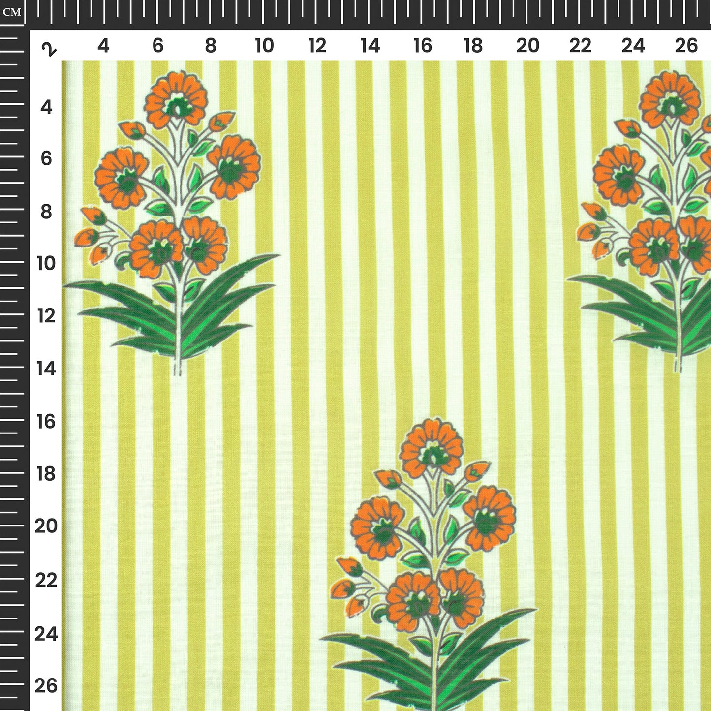 Flower On Olive Green Stripes Digital Print Poly Cambric Fabric