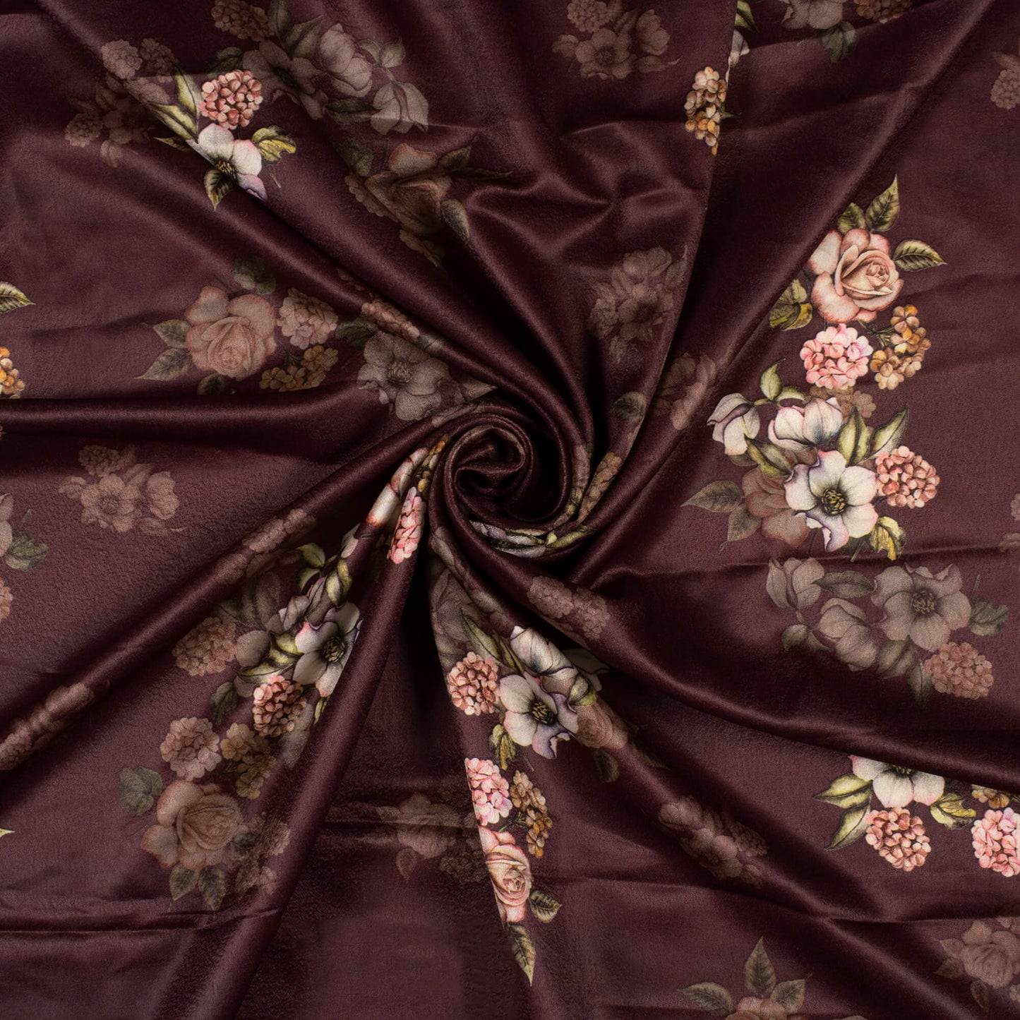 Chocolate Brown And Pink Floral Pattern Digital Print Premium Lush Satin Fabric