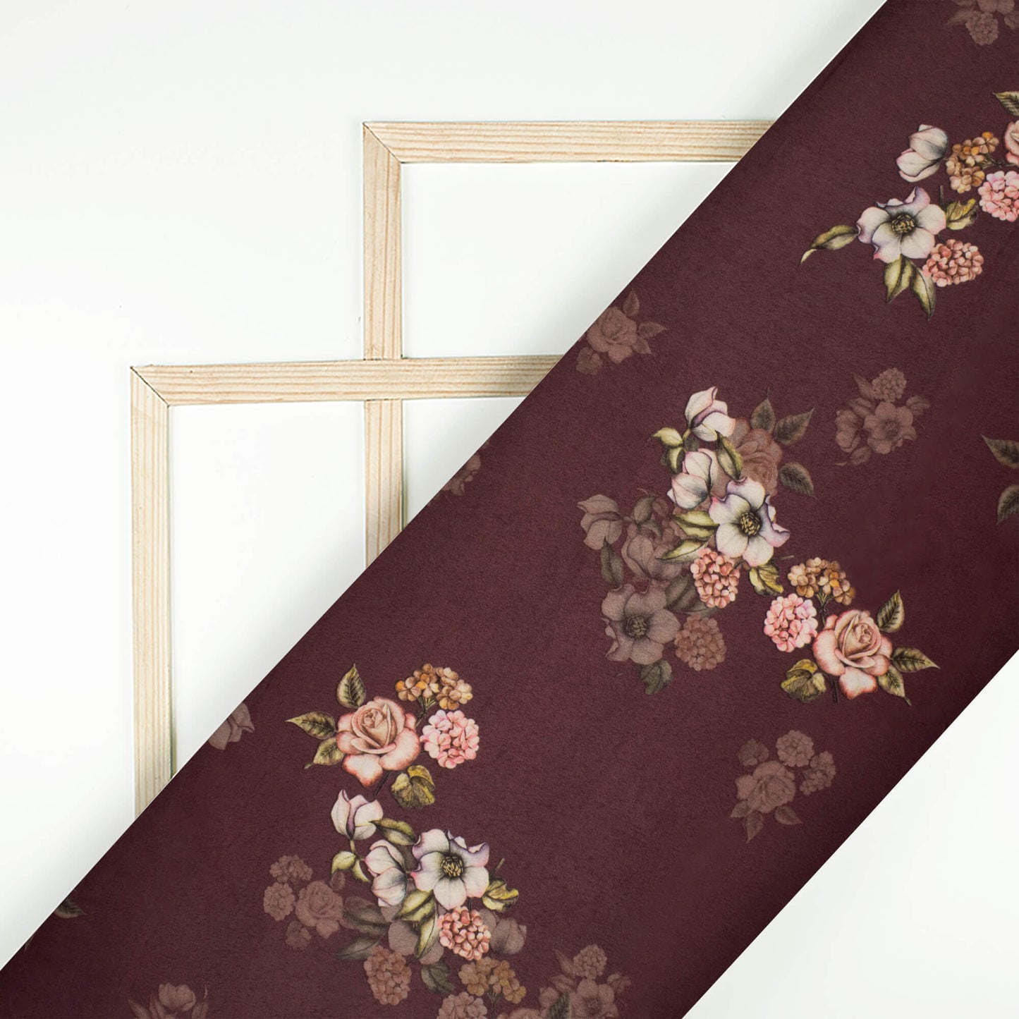 Chocolate Brown And Pink Floral Pattern Digital Print Premium Lush Satin Fabric