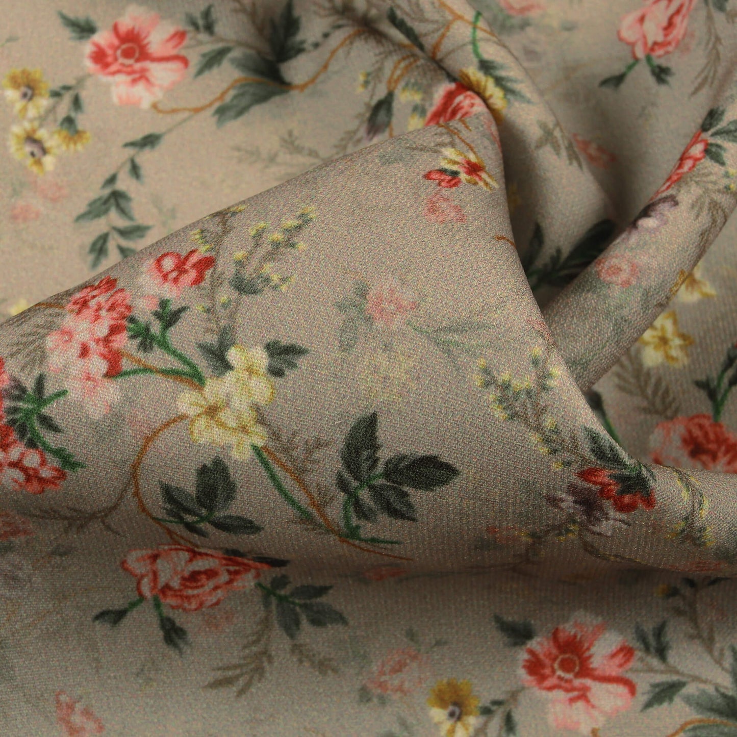 Artichoke Green And Pink Floral Pattern Digital Print BSY Crepe Fabric