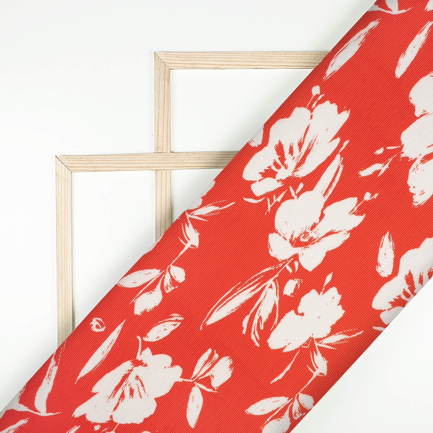 Scarlet Red Floral Pleated Crepe Satin Fabric