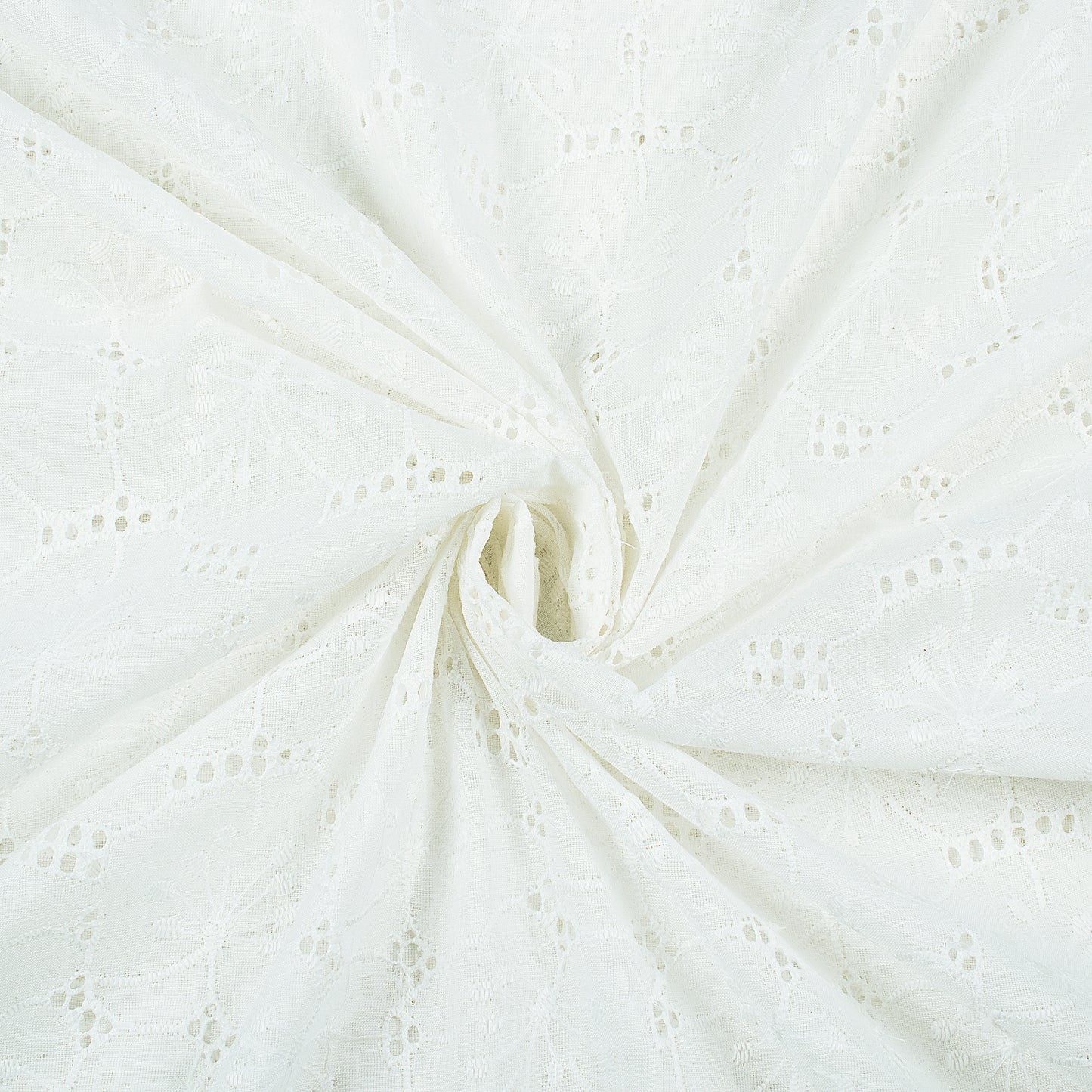 Geo Floral White Premium Schiffli Embroidery Dyeable Cotton Fabric (Width 52 Inches)