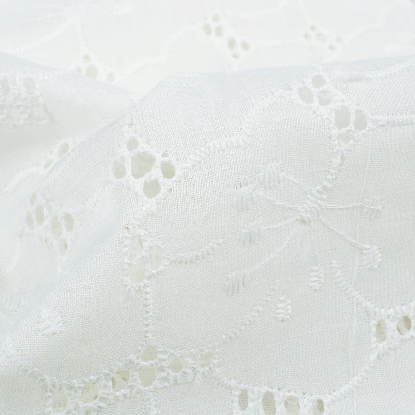 Geo Floral White Premium Schiffli Embroidery Dyeable Cotton Fabric (Width 52 Inches)