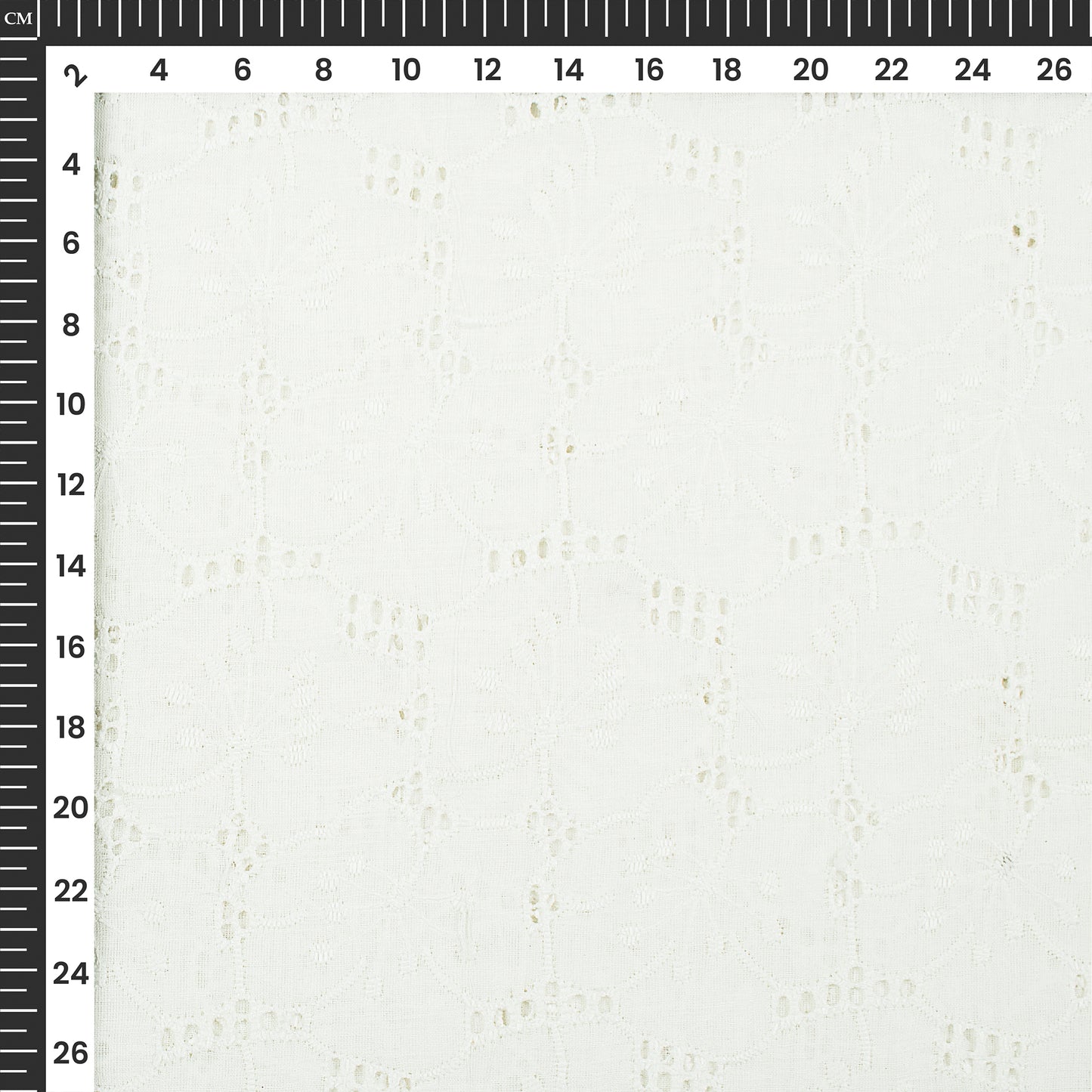 Geo Floral White Premium Schiffli Embroidery Dyeable Cotton Fabric (Width 52 Inches)