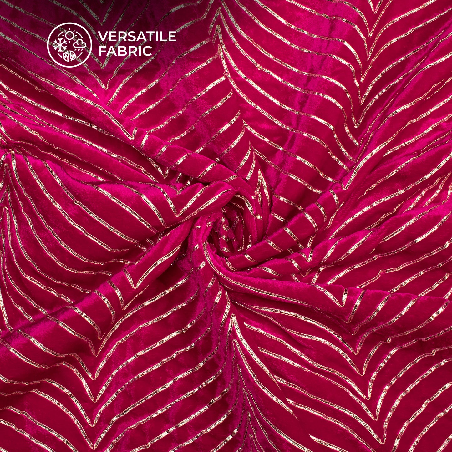 Luxurious Golden Zari Chevron Embroidery On Hot Pink Velvet Fabric