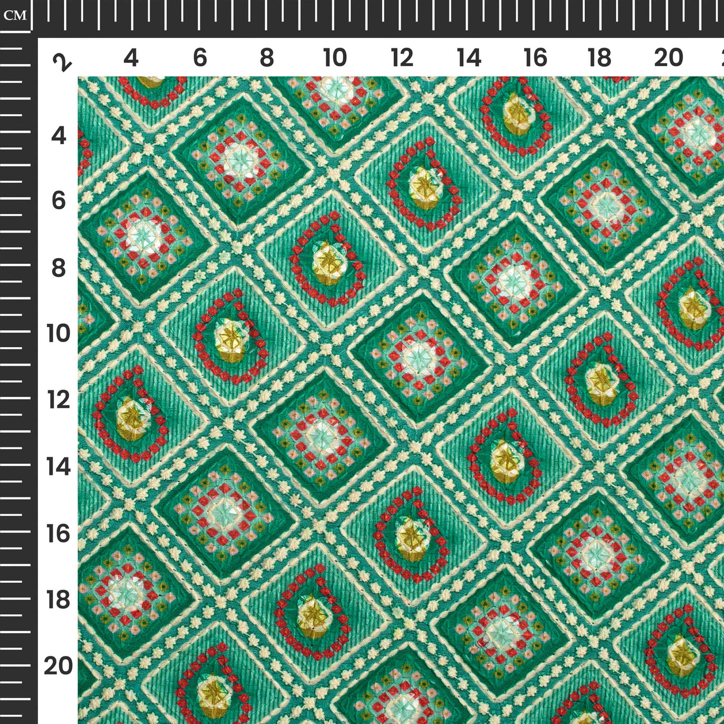 Pine Green And Red Bandhanii Position Print On Embroidery Fabric(Width 56 Inches)