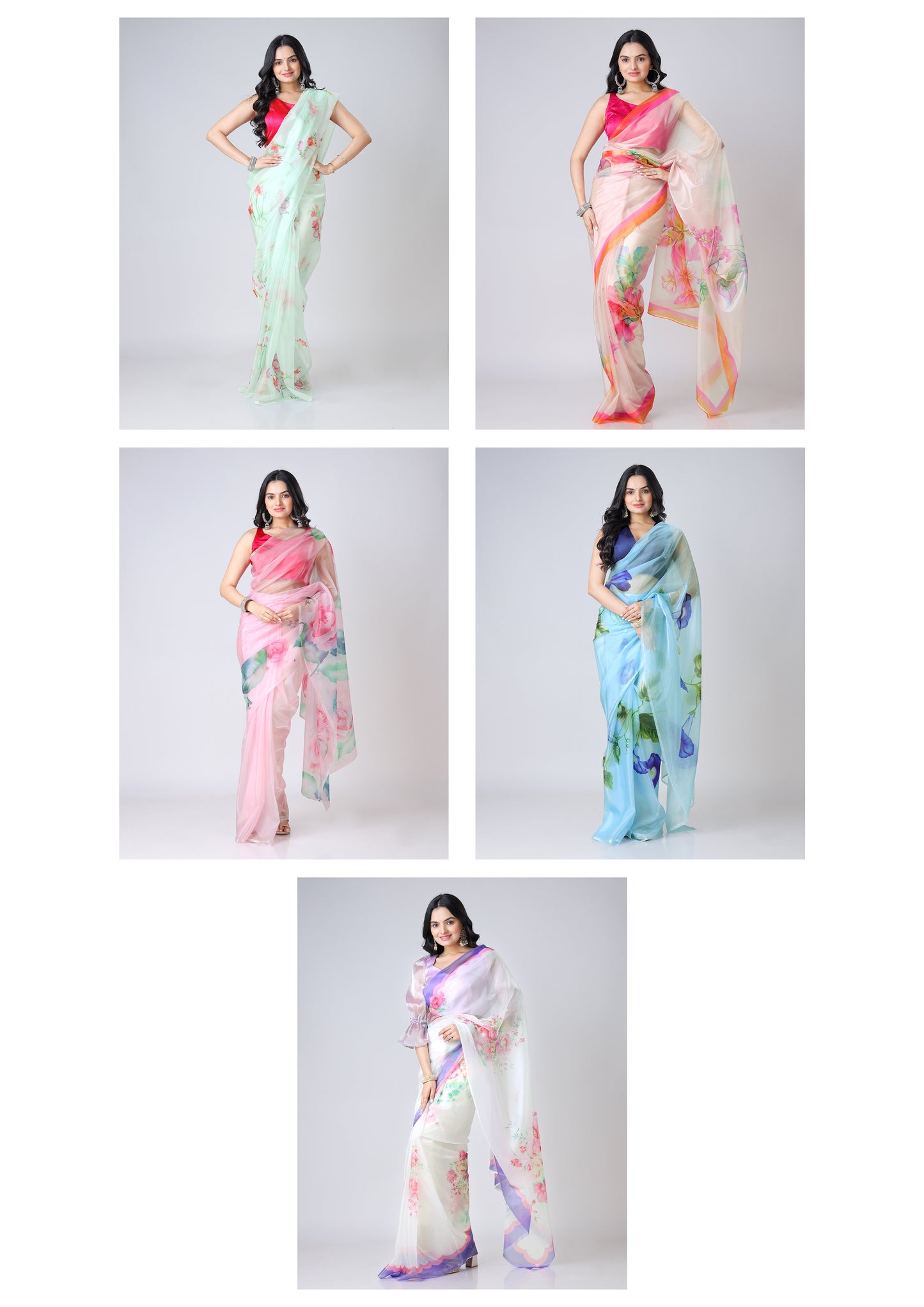 Set of 5 Floral Designer Organza Sarees Catalogue
