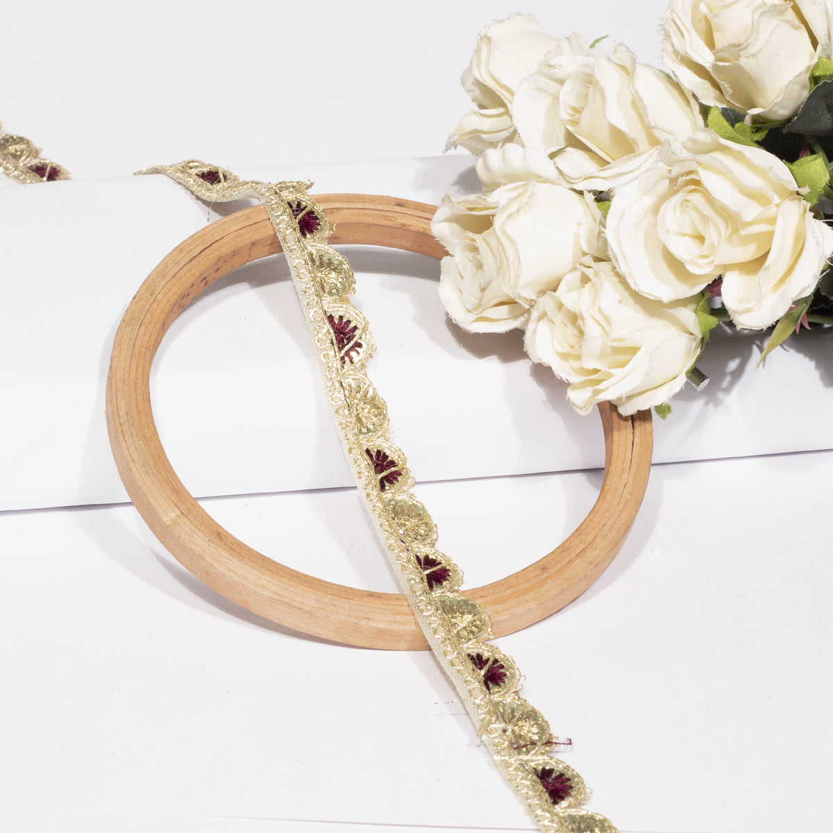 Dark Maroon Resham Thread and Sequins Scalloped Lace (9 Mtr)