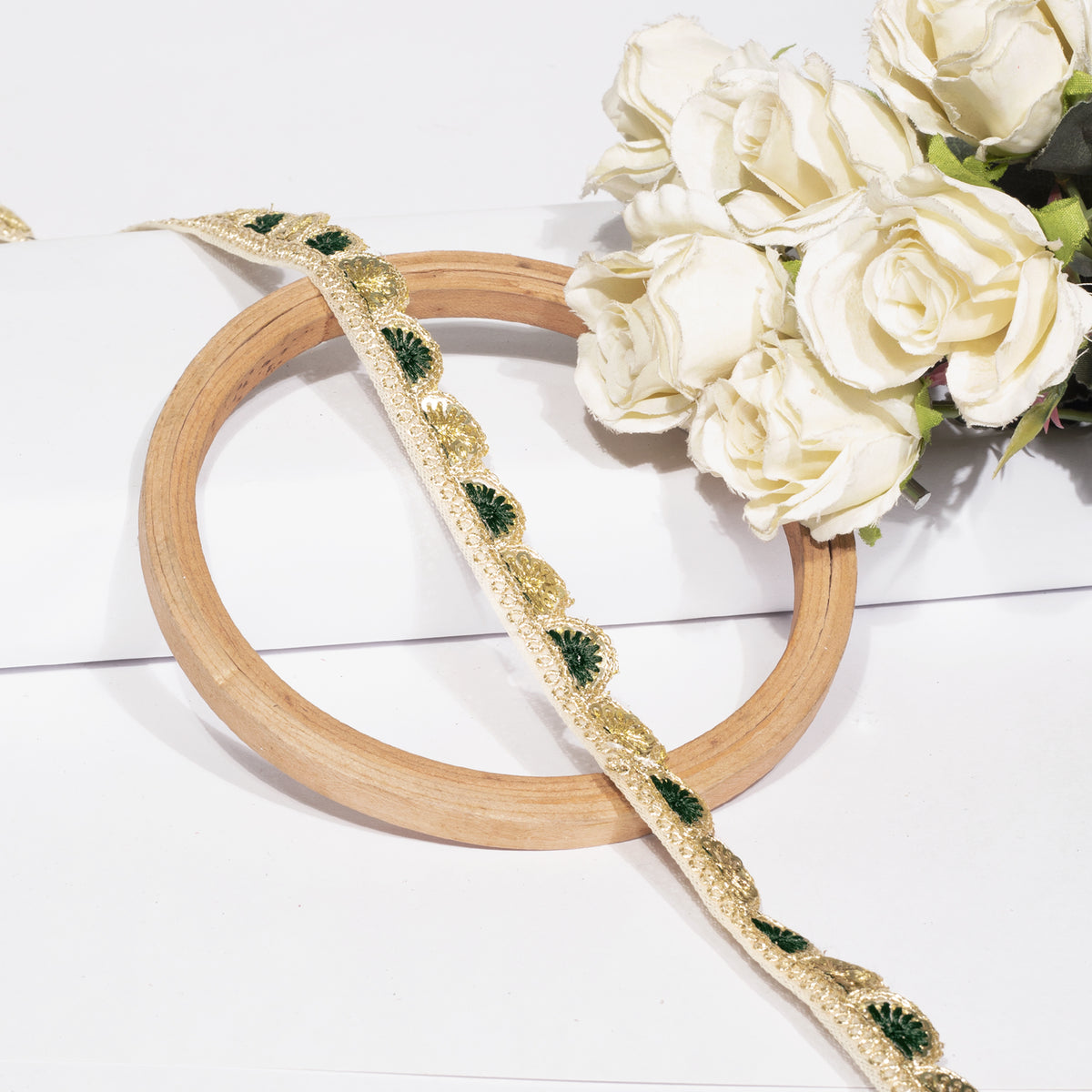 Dark Green Resham Thread and Sequins Scalloped Lace (9 Mtr)