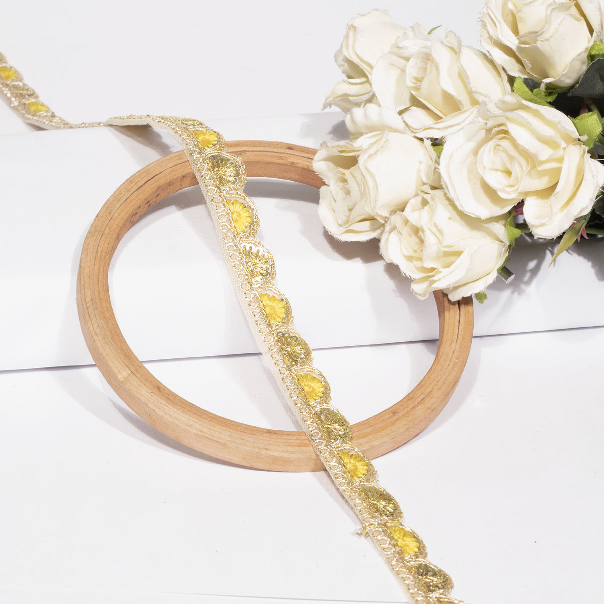 Yellow Resham Thread and Sequins Scalloped Lace (9 Mtr)