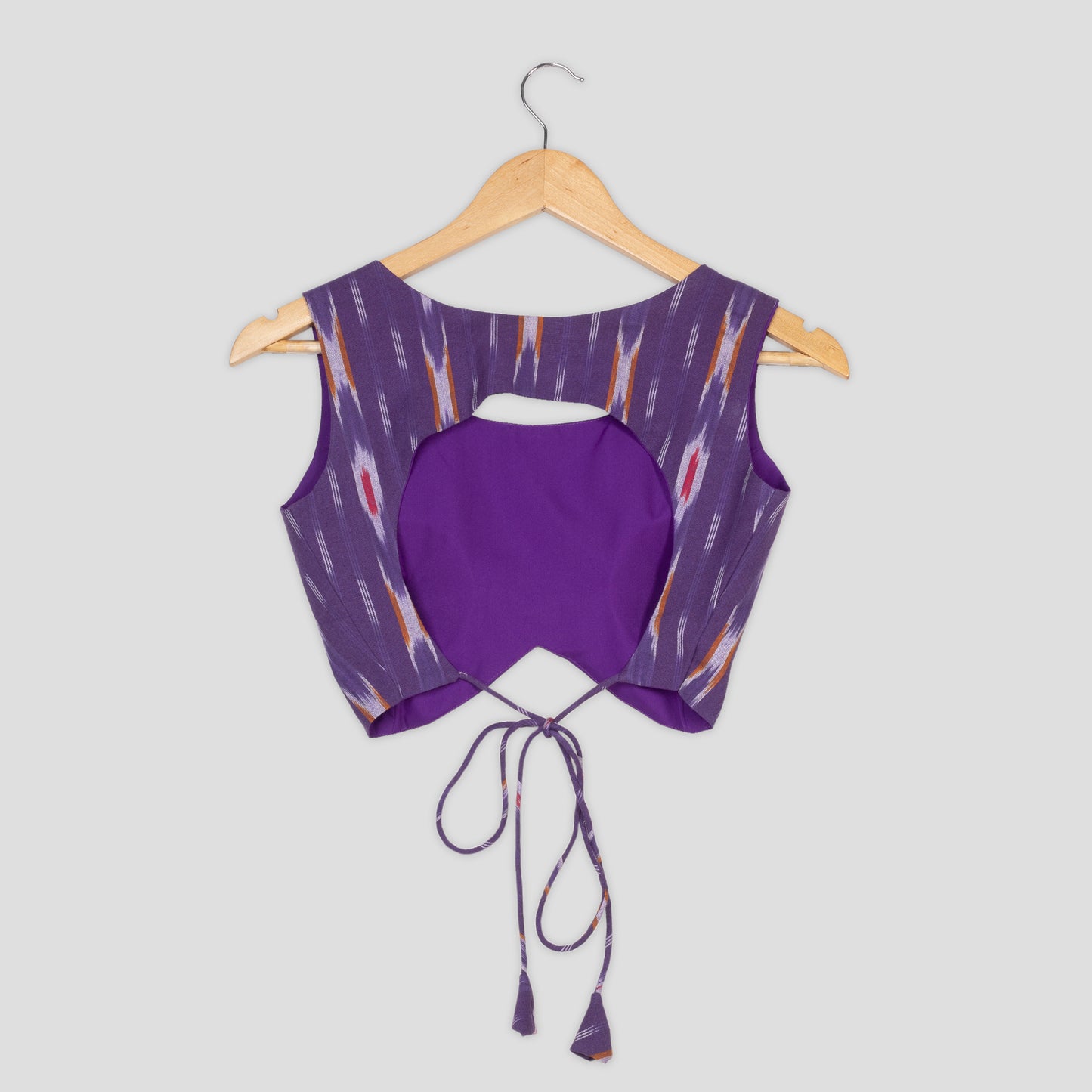 Purple Ikkat Print Sleeveless Tie-Up Blouse