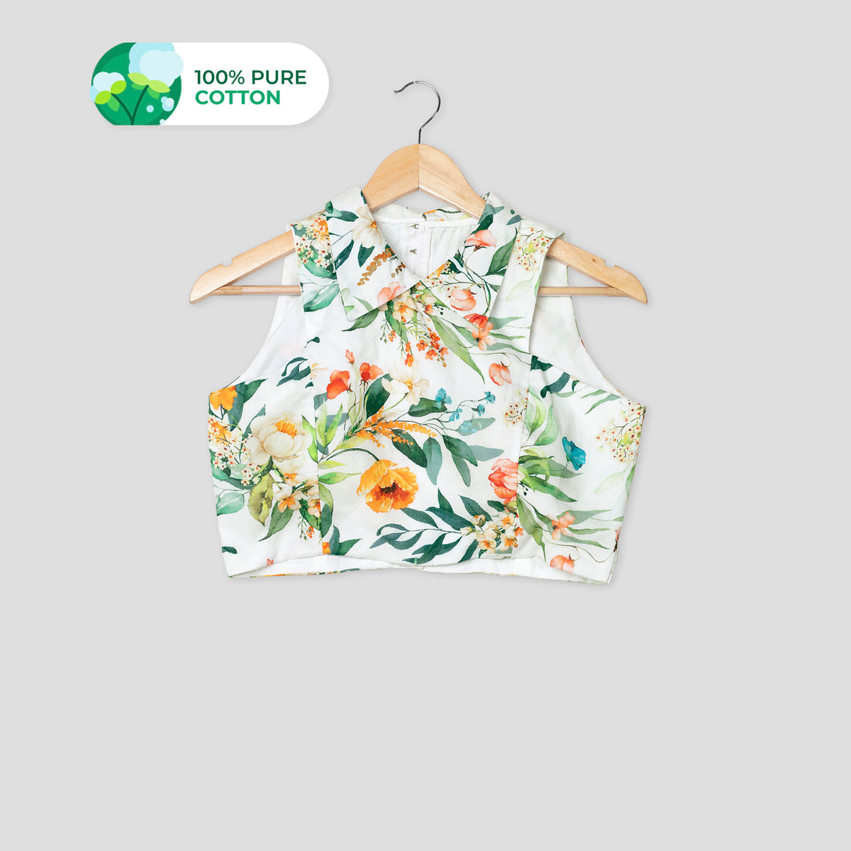 Natural Elegance Floral Collar Neck Sleeveless Cotton Blouse